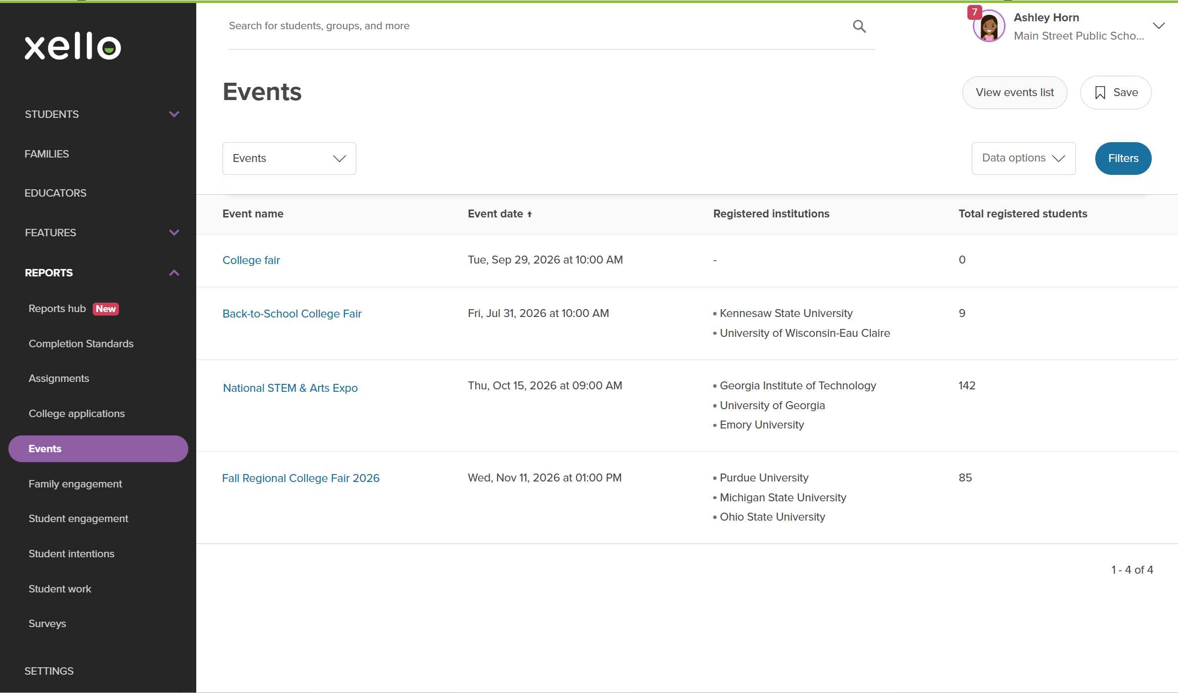 Events report in Xello. There are four events listed with registered institutions and registered students.